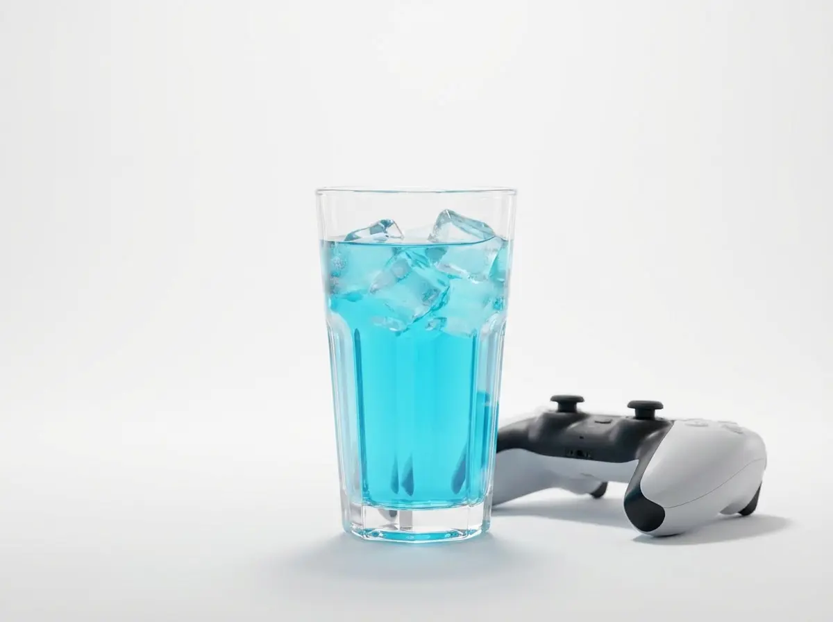 Bild von einem Glas mit Gaming Booster neben einem Controller.