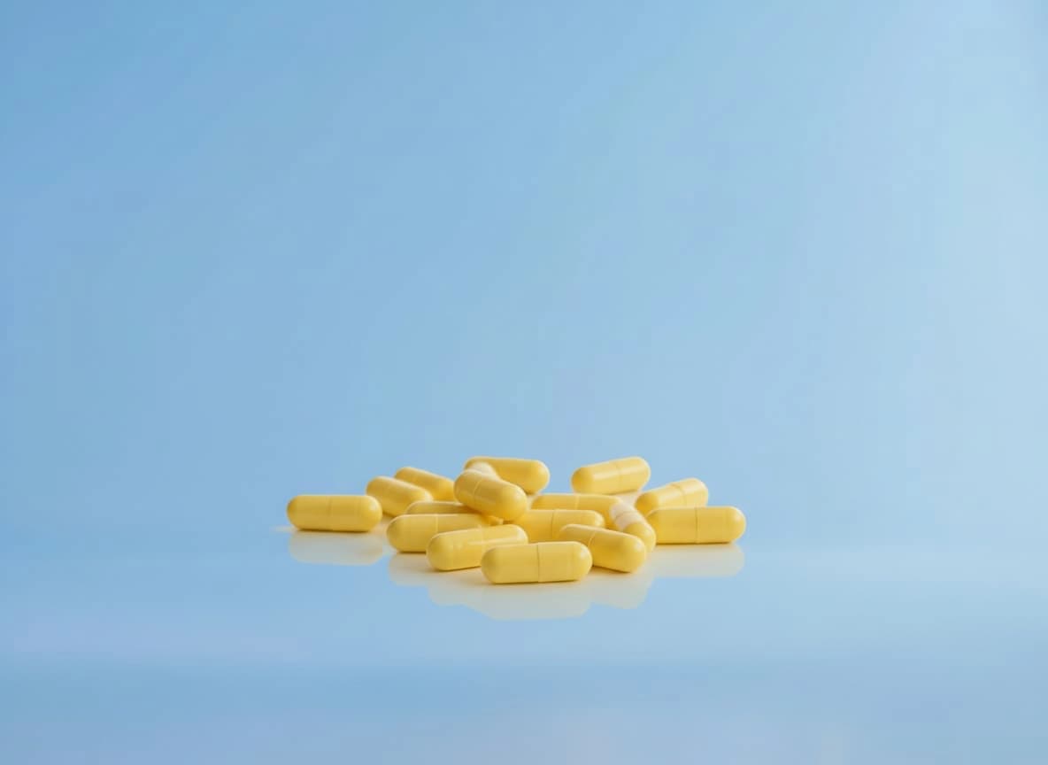 Bild von einigen gelben Kapseln mit Vitaminen vor blauem Hintergrund.