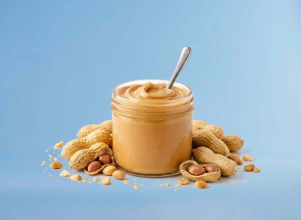 Bild von einem Glas mit Erdnussbutter vor blauem Hintergrund.