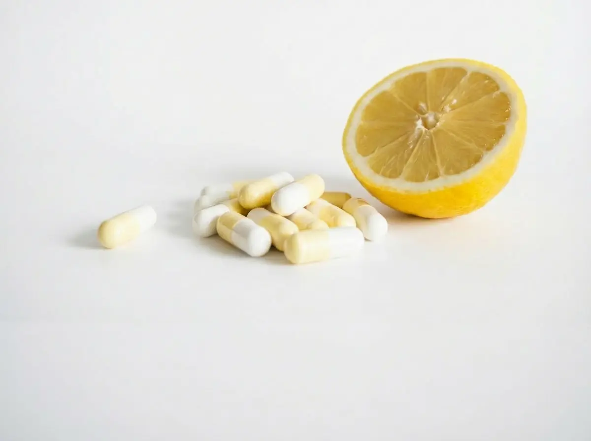 Bild von mehreren Kapseln mit Vitamin C neben einer Zitrone.