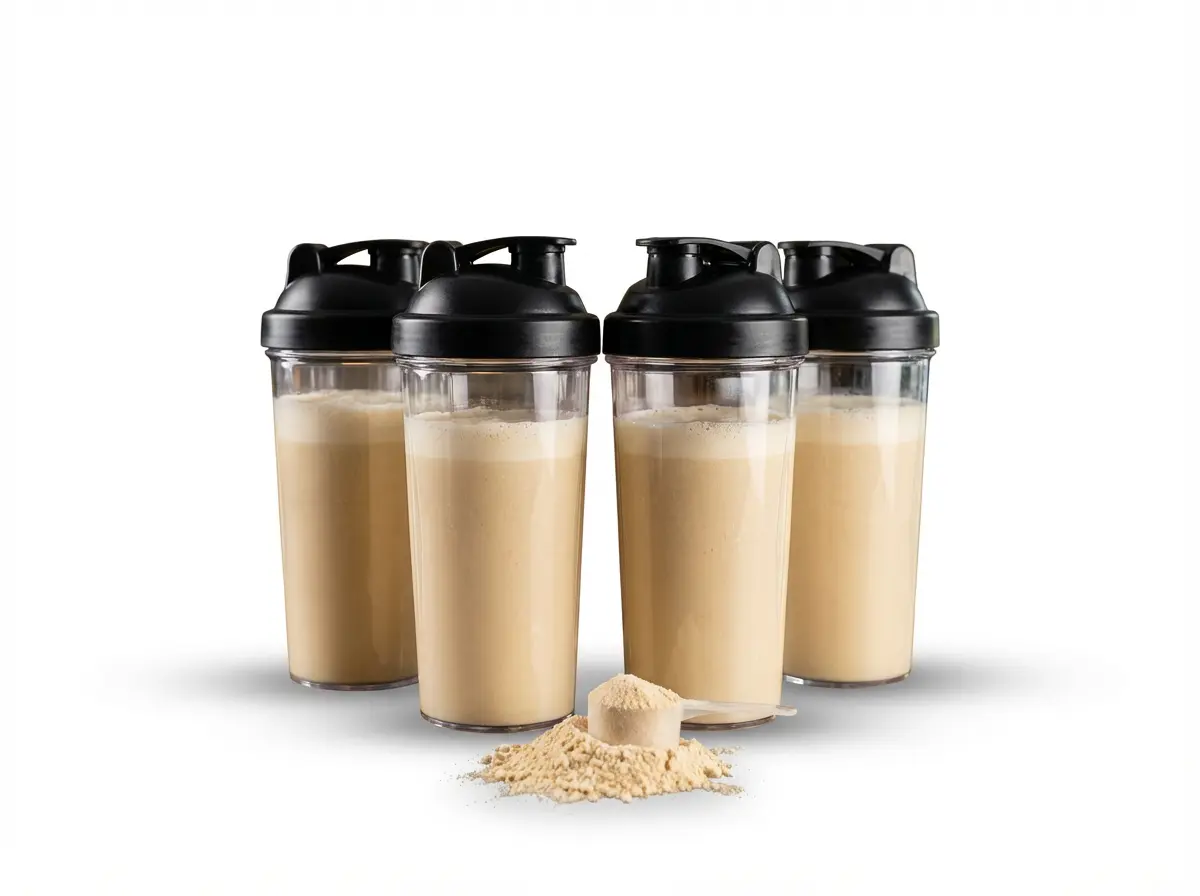Bild mehrerer Shaker mit Weightgainer-Pulver.