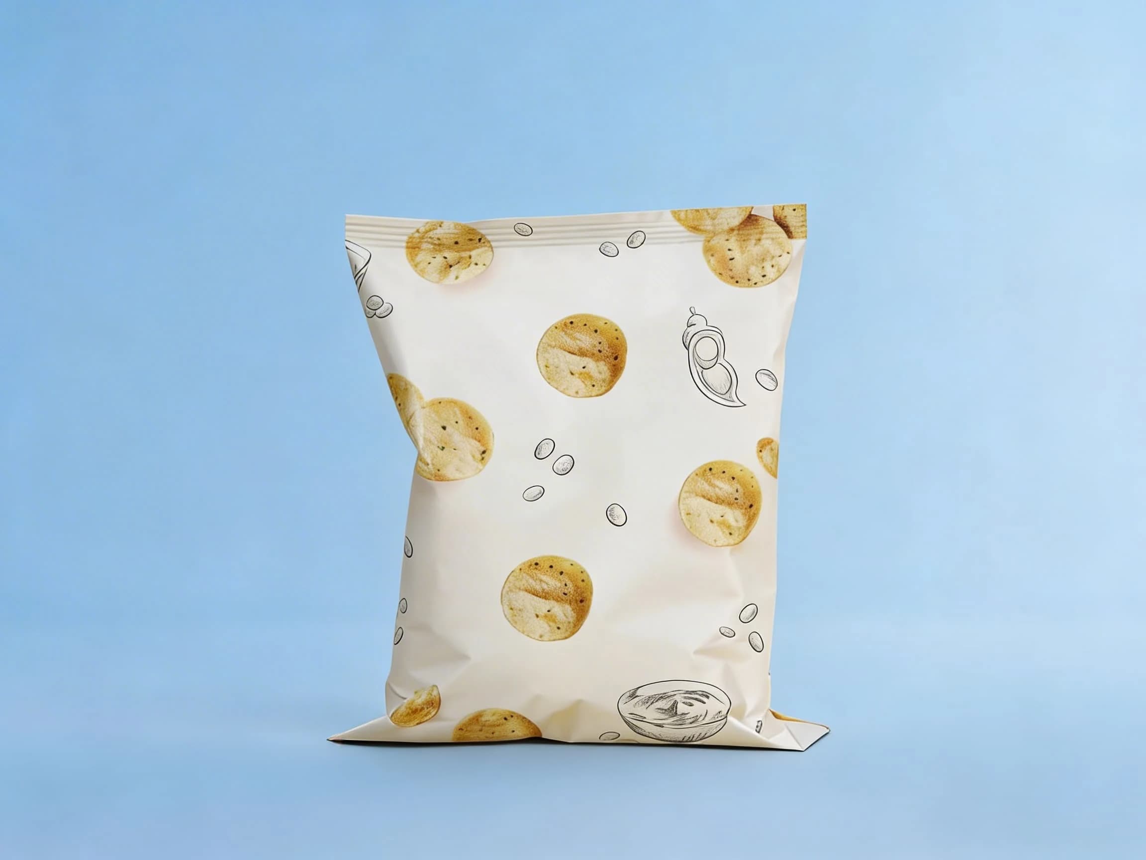 Bild von einer Tüte mit Protein Chips vor blauem Hintergrund.