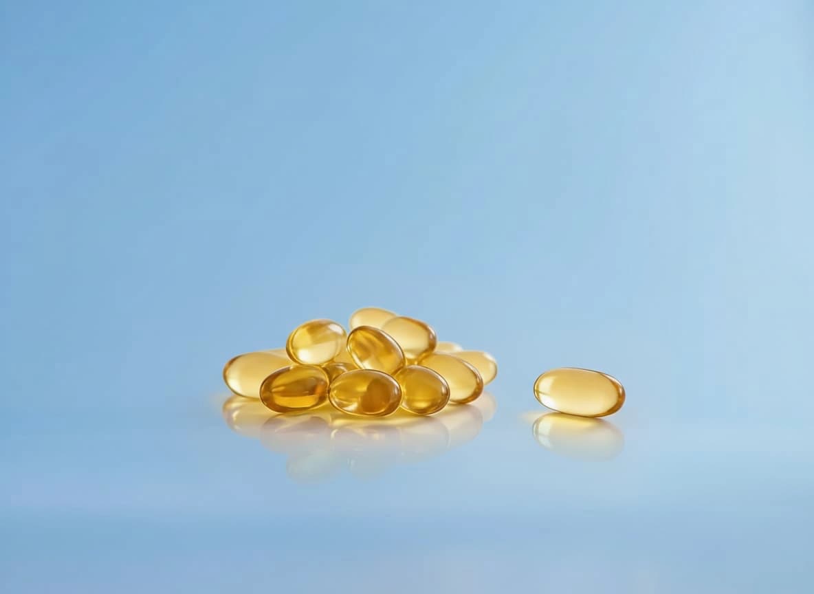 Bild von einigen Pillen mit Supplement-Essentials vor blauem Hintergrund.