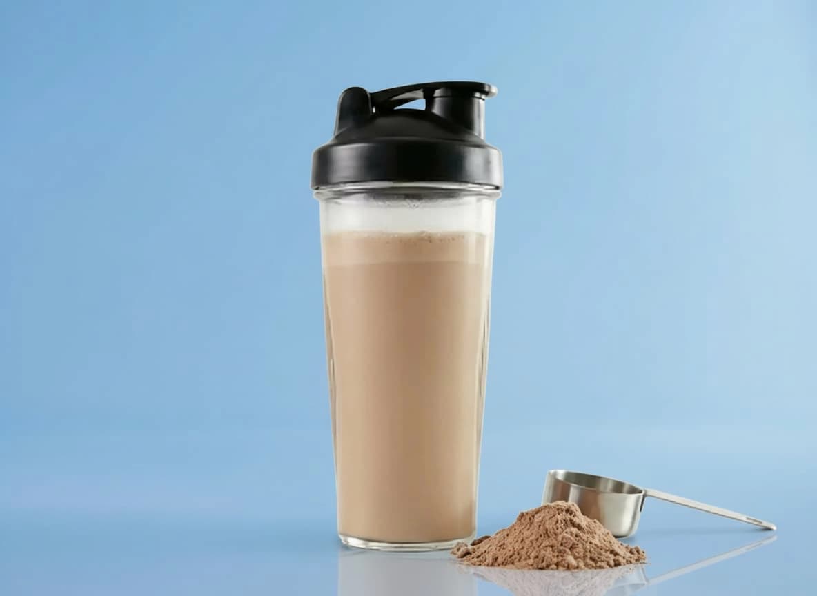 Bild von einem Shaker mit Whey Isolat vor blauem Hintergrund.